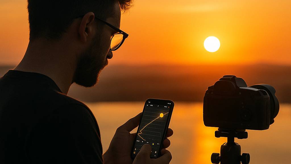 photographer using a sun tracking app during golden hour